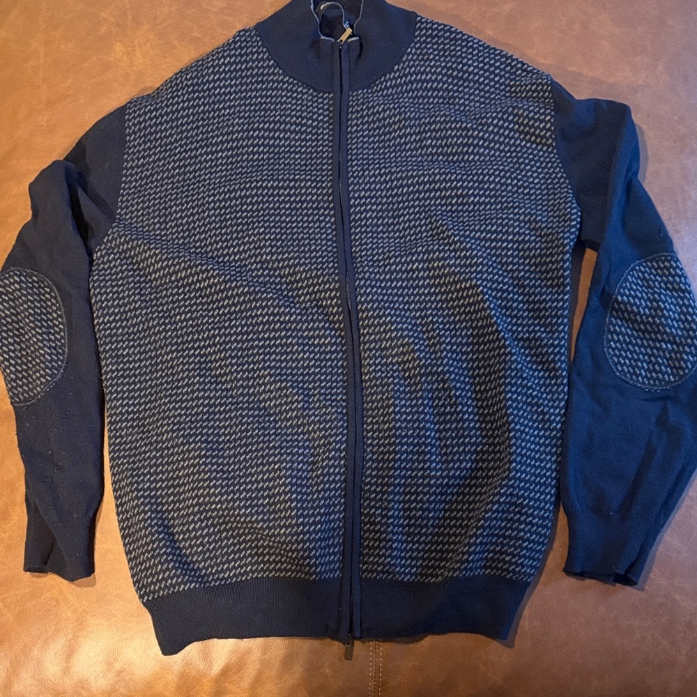 Bugatchi Navy and Grey Zip-Up Sweater with Elbow Patches